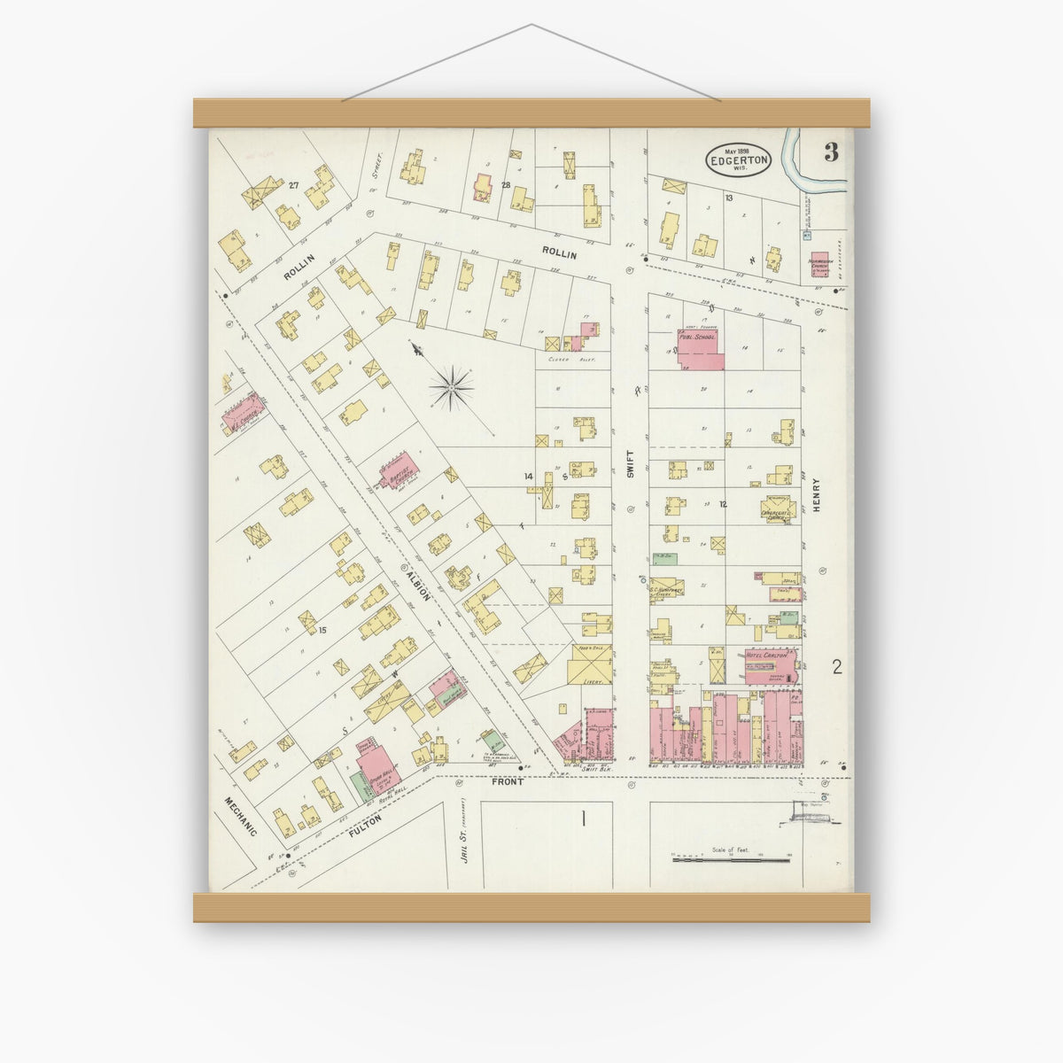 Old map wall art mockup — magnetic wood frame on white wall — Sanborn Fire Insurance Map from Edgerton, Rock County, Wisconsin (1898), Sheet #0003
