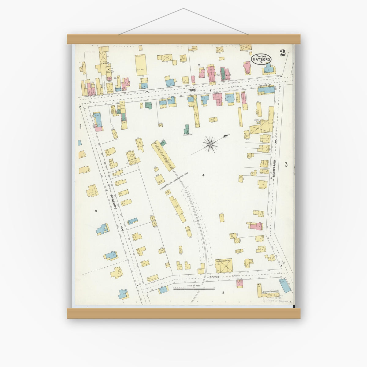 Old map wall art mockup — magnetic wood frame on white wall — Sanborn Fire Insurance Map from Hatboro, Montgomery County, Pennsylvania (1905), Sheet #0002