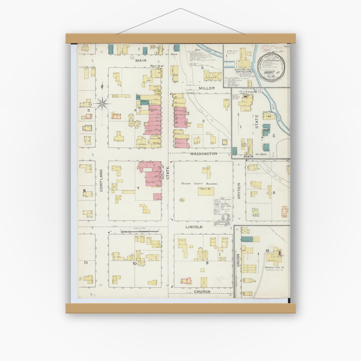 Old map wall art mockup — magnetic wood frame on white wall — Sanborn Fire Insurance Map from Hart, Oceana County, Michigan (1893), Sheet #0001