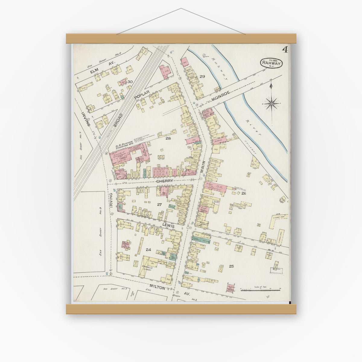 Old map wall art mockup — magnetic wood frame on white wall — Sanborn Fire Insurance Map from Rahway, Union County, New Jersey (1886), Sheet #0004