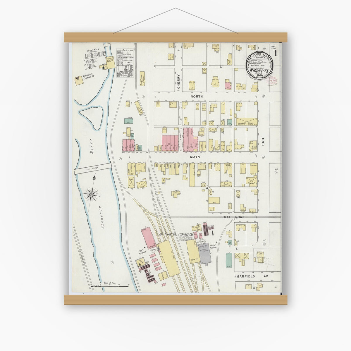 Old map wall art mockup — magnetic wood frame on white wall — Sanborn Fire Insurance Map from West Middlesex, Mercer County, Pennsylvania (1895), Sheet #0001