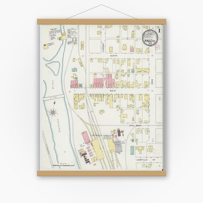 Old map wall art mockup — magnetic wood frame on white wall — Sanborn Fire Insurance Map from West Middlesex, Mercer County, Pennsylvania (1895), Sheet #0001