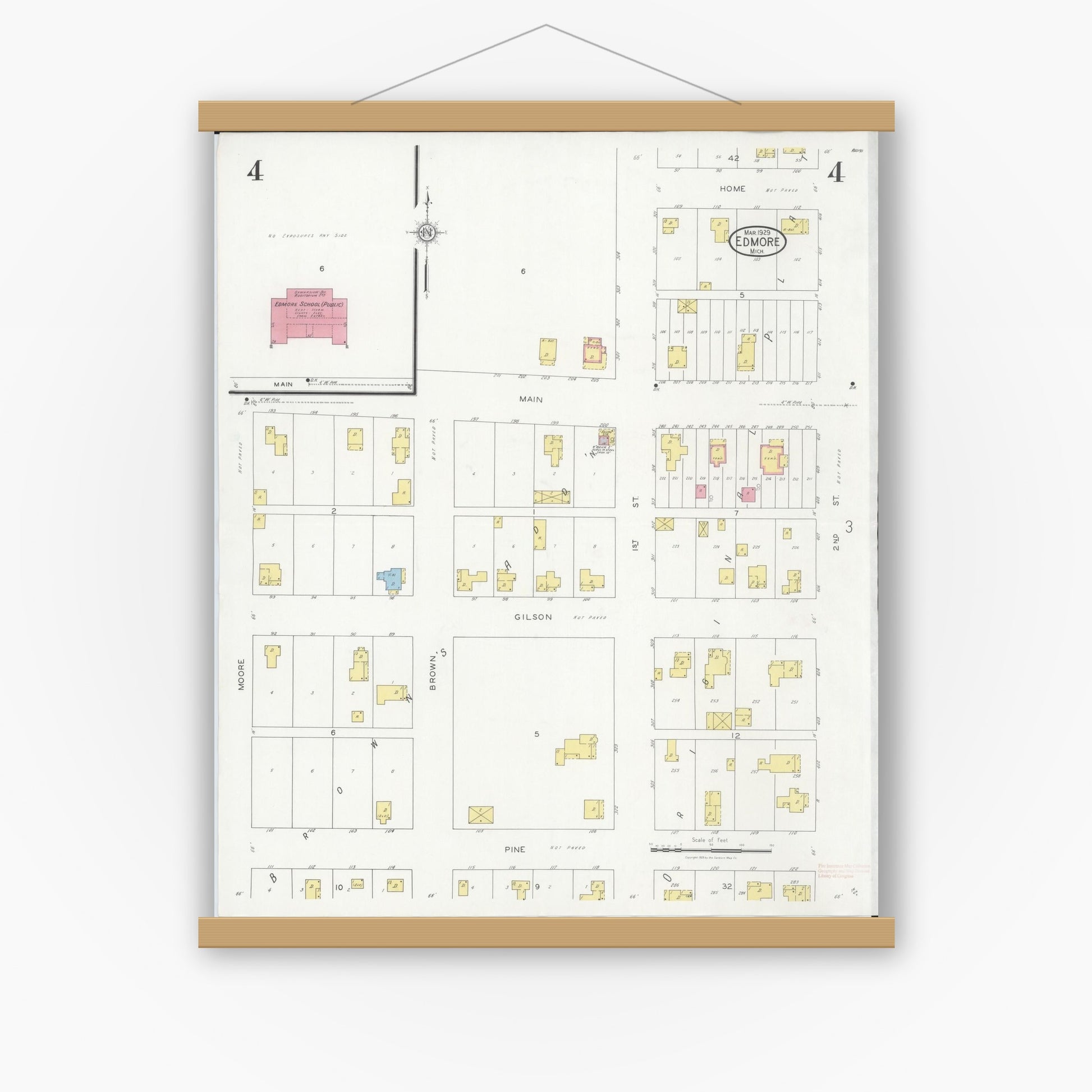 Old map wall art mockup — magnetic wood frame on white wall — Sanborn Fire Insurance Map from Edmore, Montcalm County, Michigan (1929), Sheet #0004