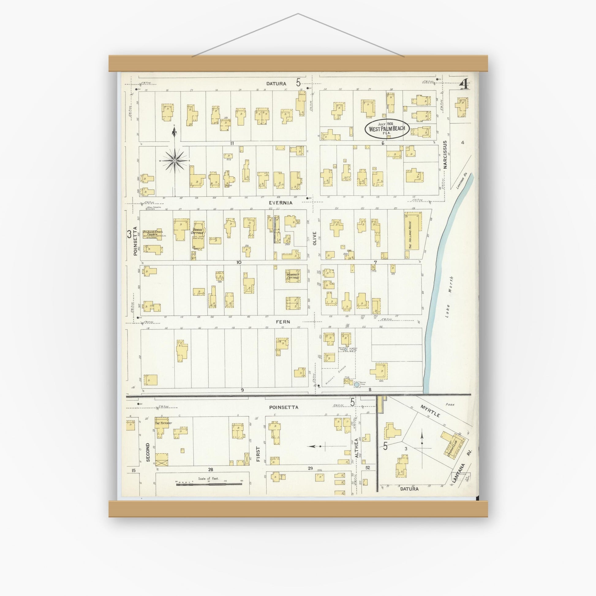 Old map wall art mockup — magnetic wood frame on white wall — Sanborn Fire Insurance Map from West Palm Beach, Dade County, Florida (1908), Sheet #0004