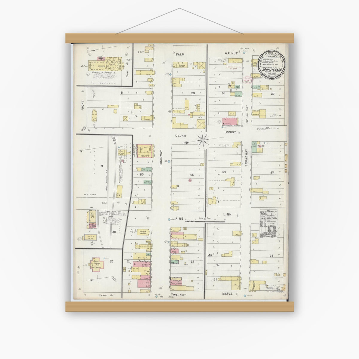 Old map wall art mockup — magnetic wood frame on white wall — Sanborn Fire Insurance Map from Monticello, Wright County, Minnesota (1895), Sheet #0001