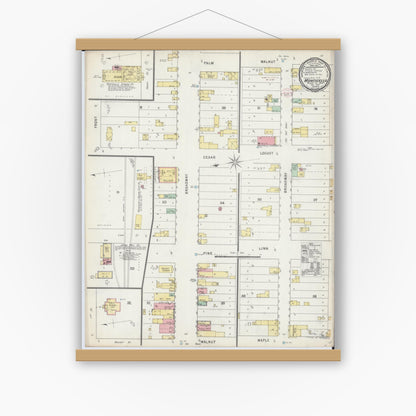 Old map wall art mockup — magnetic wood frame on white wall — Sanborn Fire Insurance Map from Monticello, Wright County, Minnesota (1895), Sheet #0001