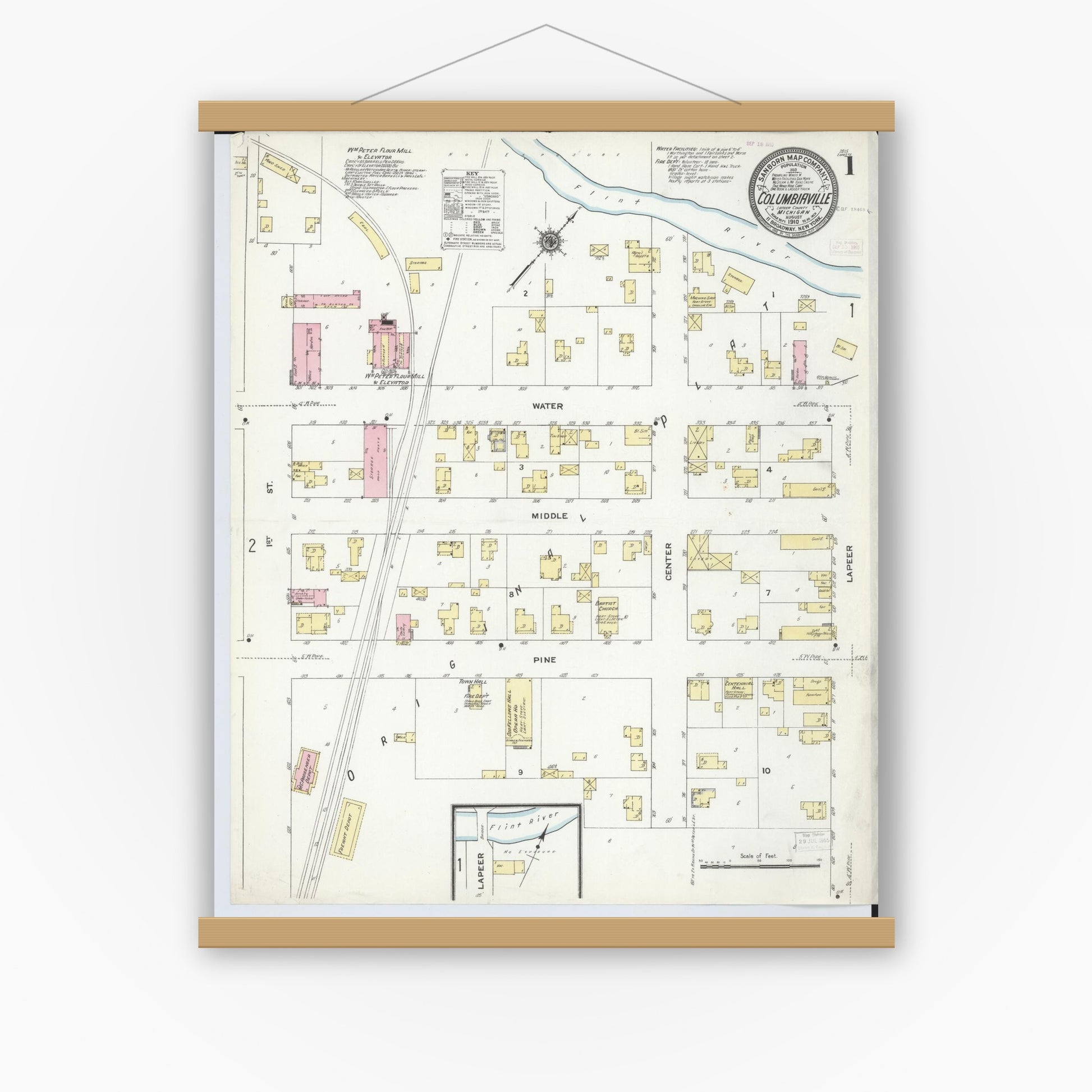 Old map wall art mockup — magnetic wood frame on white wall — Sanborn Fire Insurance Map from Columbiaville, Lapeer County, Michigan (1910) - Complete Map Set