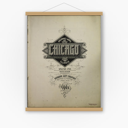 Old map wall art mockup — magnetic wood frame on white wall — Sanborn Fire Insurance Map from Chicago, Cook County, Illinois (1906), Sheet #0001