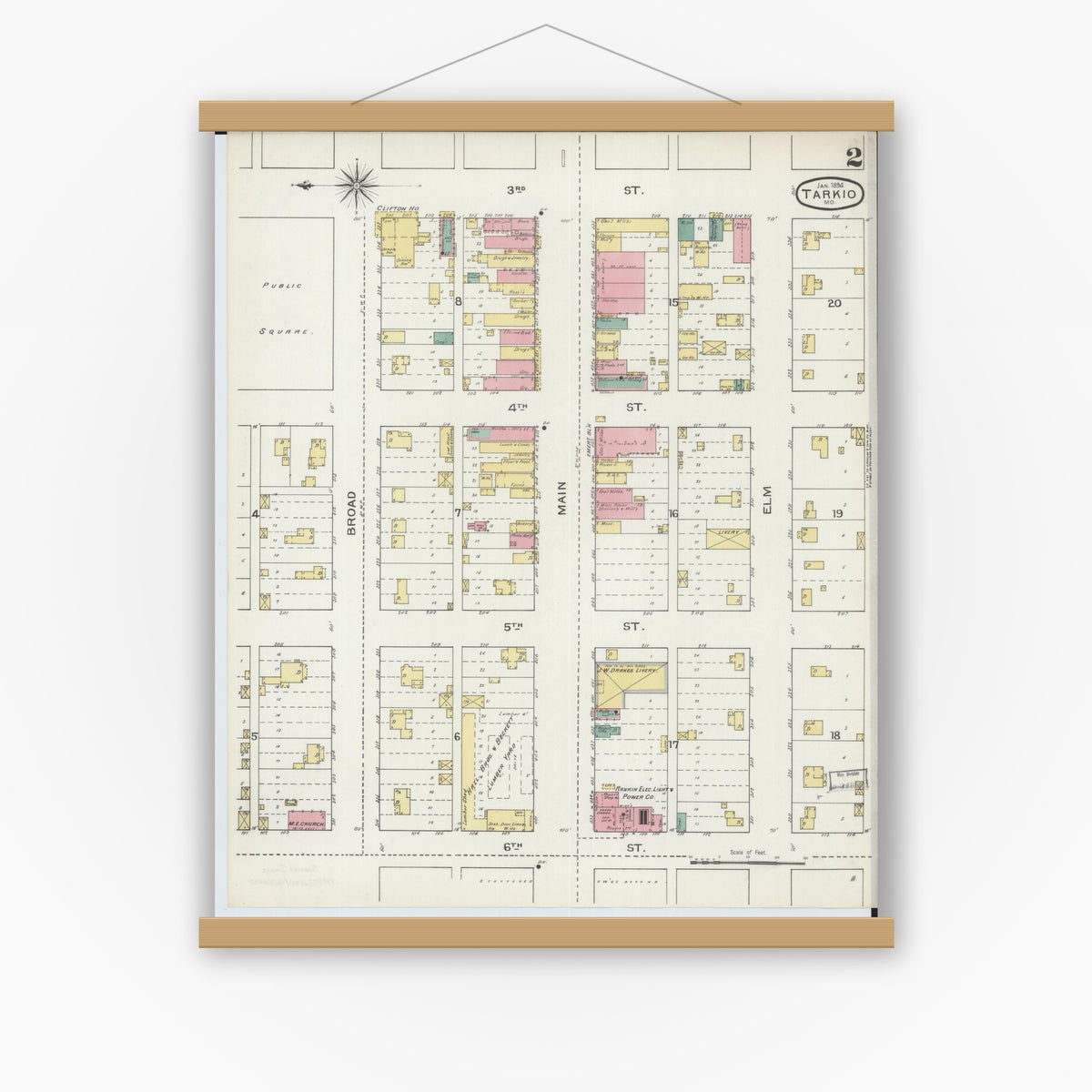 Old map wall art mockup — magnetic wood frame on white wall — Sanborn Fire Insurance Map from Tarkio, Atchison County, Missouri (1894), Sheet #0002