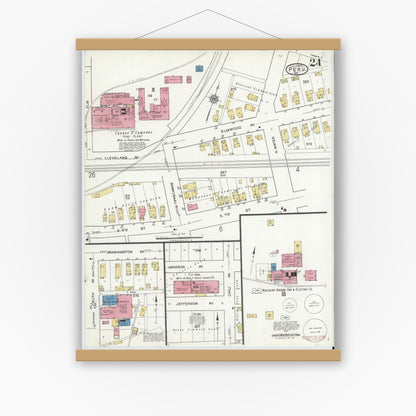 Old map wall art mockup — magnetic wood frame on white wall — Sanborn Fire Insurance Map from Peru, Miami County, Indiana (1920), Sheet #0024
