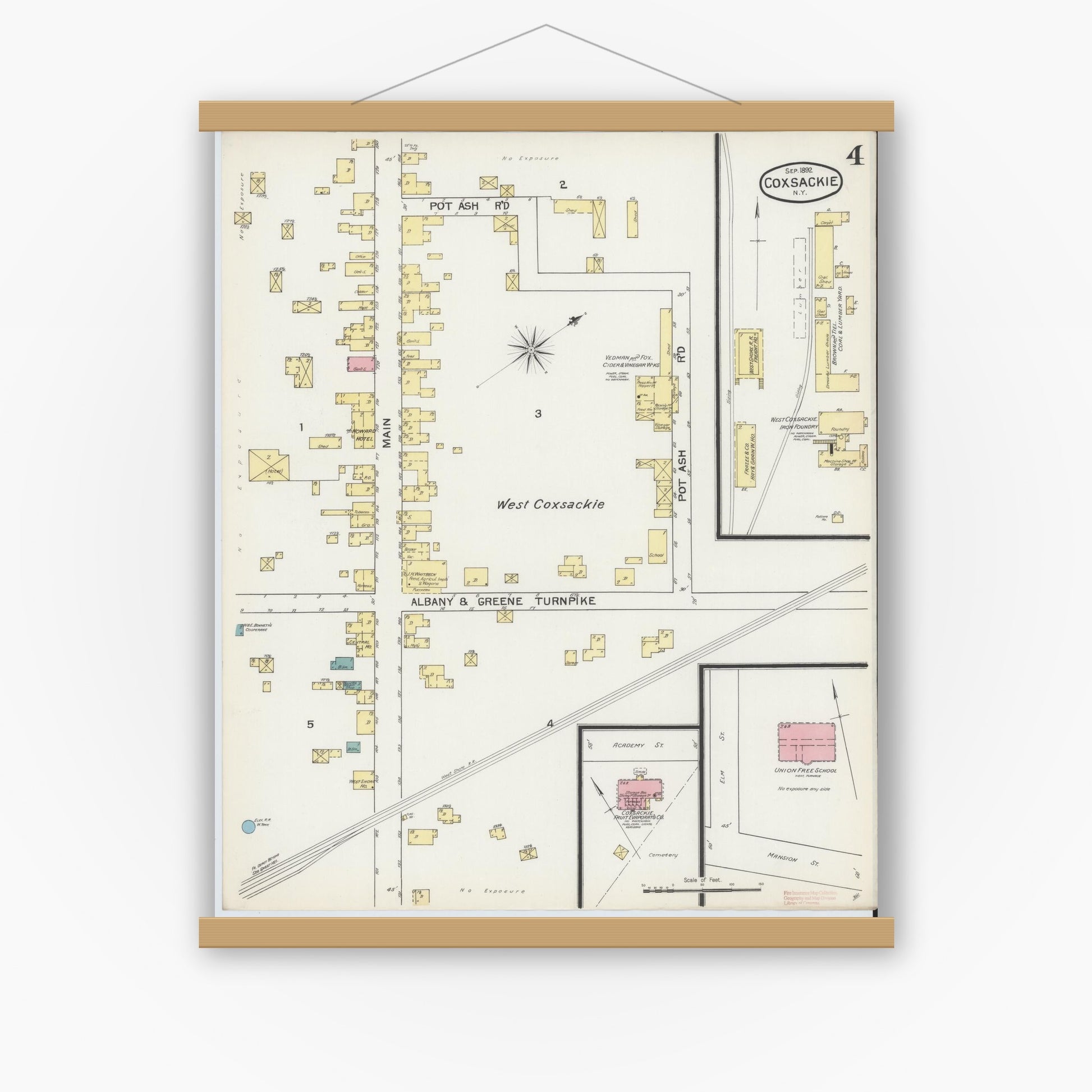 Old map wall art mockup — magnetic wood frame on white wall — Sanborn Fire Insurance Map from Coxsackie, Greene County, New York (1892), Sheet #0004