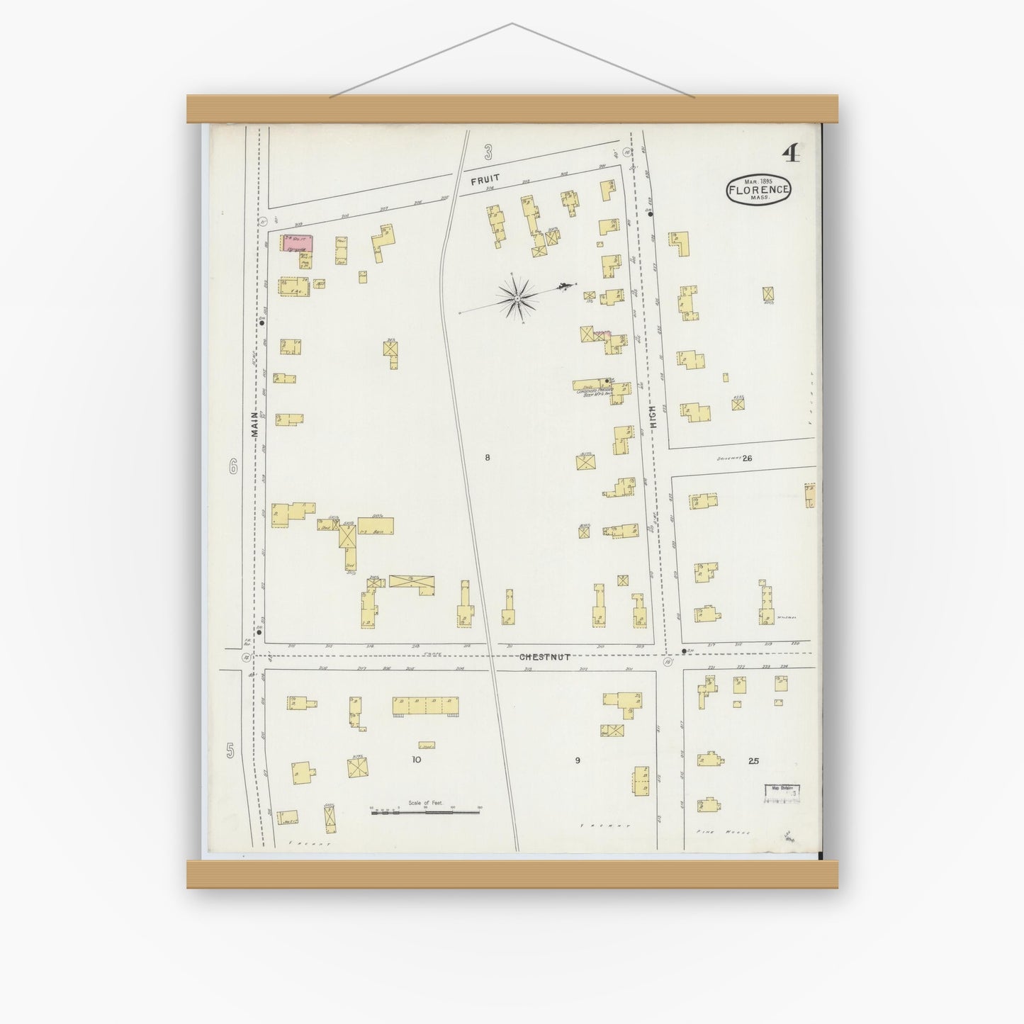 Old map wall art mockup — magnetic wood frame on white wall — Sanborn Fire Insurance Map from Florence, Hampshire County, Massachusetts (1895), Sheet #0004
