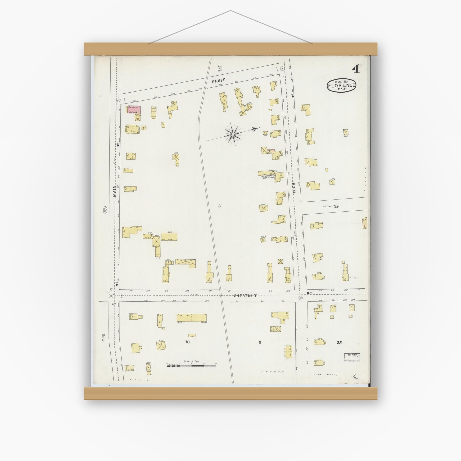 Old map wall art mockup — magnetic wood frame on white wall — Sanborn Fire Insurance Map from Florence, Hampshire County, Massachusetts (1895), Sheet #0004