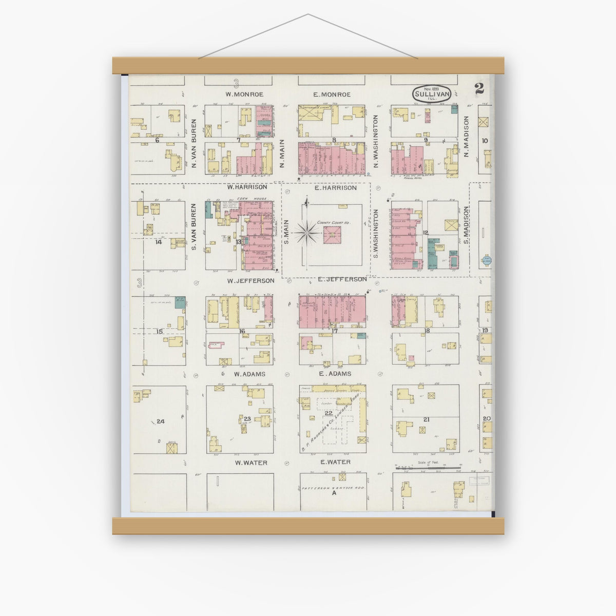 Old map wall art mockup — magnetic wood frame on white wall — Sanborn Fire Insurance Map from Sullivan, Moultrie County, Illinois (1893), Sheet #0002