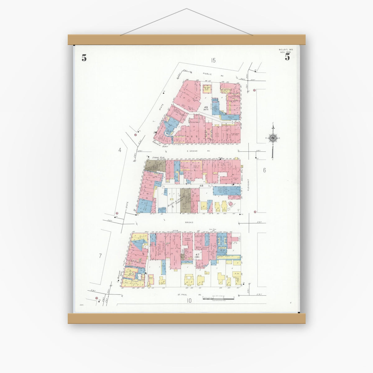 Old map wall art mockup — magnetic wood frame on white wall — Sanborn Fire Insurance Map from Beloit, Rock County, Wisconsin (1939), Sheet #0005