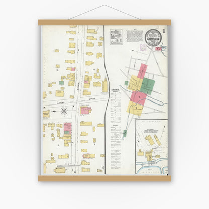 Old map wall art mockup — magnetic wood frame on white wall — Sanborn Fire Insurance Map from Cambridge, Washington County, New York (1904), Sheet #0001