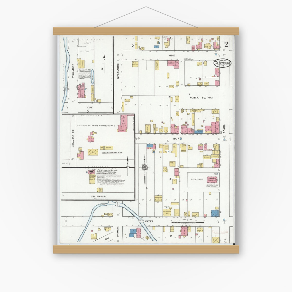 Old map wall art mockup — magnetic wood frame on white wall — Sanborn Fire Insurance Map from Oldenburg, Franklin County, Indiana (1919), Sheet #0002