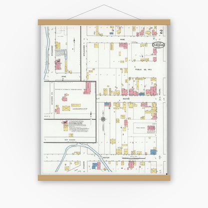 Old map wall art mockup — magnetic wood frame on white wall — Sanborn Fire Insurance Map from Oldenburg, Franklin County, Indiana (1919), Sheet #0002