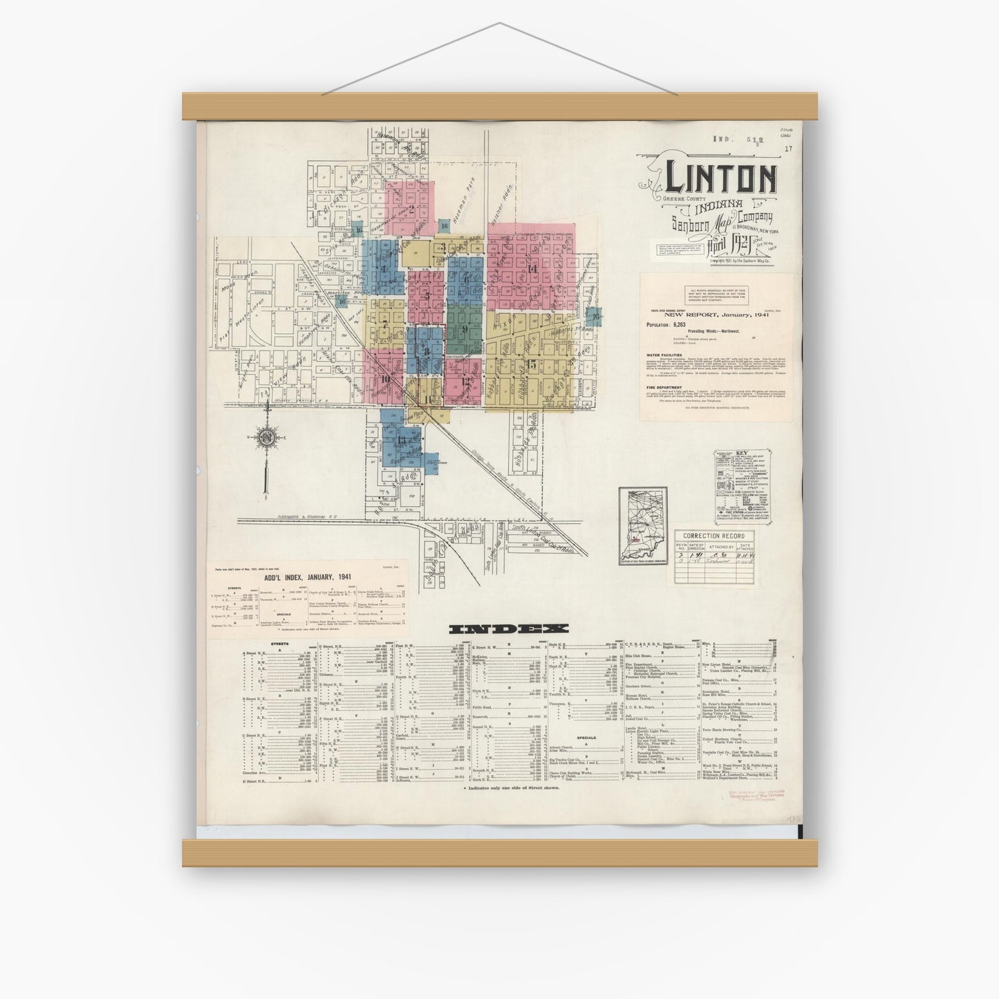 Old map wall art mockup — magnetic wood frame on white wall — Sanborn Fire Insurance Map from Linton, Greene County, Indiana (1948) - Complete Map Set