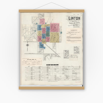 Old map wall art mockup — magnetic wood frame on white wall — Sanborn Fire Insurance Map from Linton, Greene County, Indiana (1948) - Complete Map Set