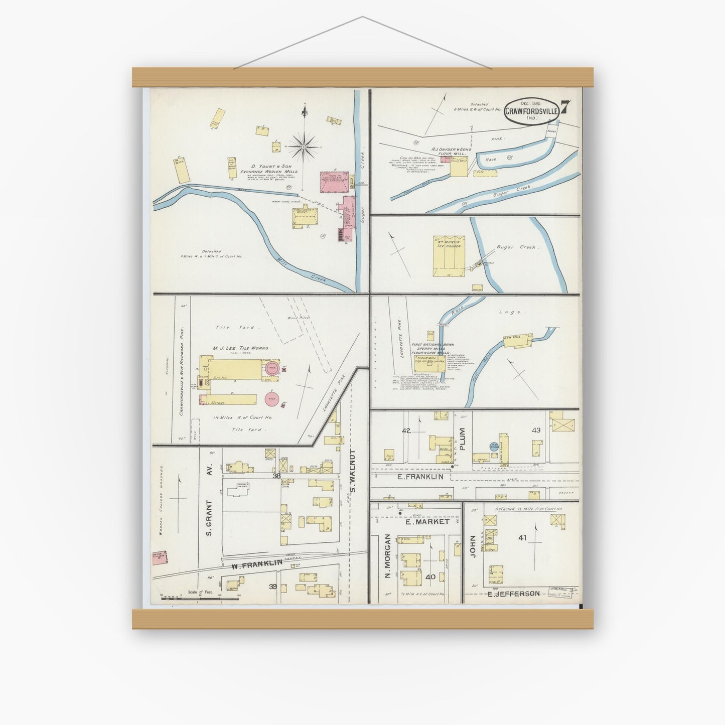 Old map wall art mockup — magnetic wood frame on white wall — Sanborn Fire Insurance Map from Crawfordsville, Montgomery County, Indiana (1887), Sheet #0007