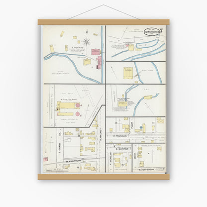 Old map wall art mockup — magnetic wood frame on white wall — Sanborn Fire Insurance Map from Crawfordsville, Montgomery County, Indiana (1887), Sheet #0007