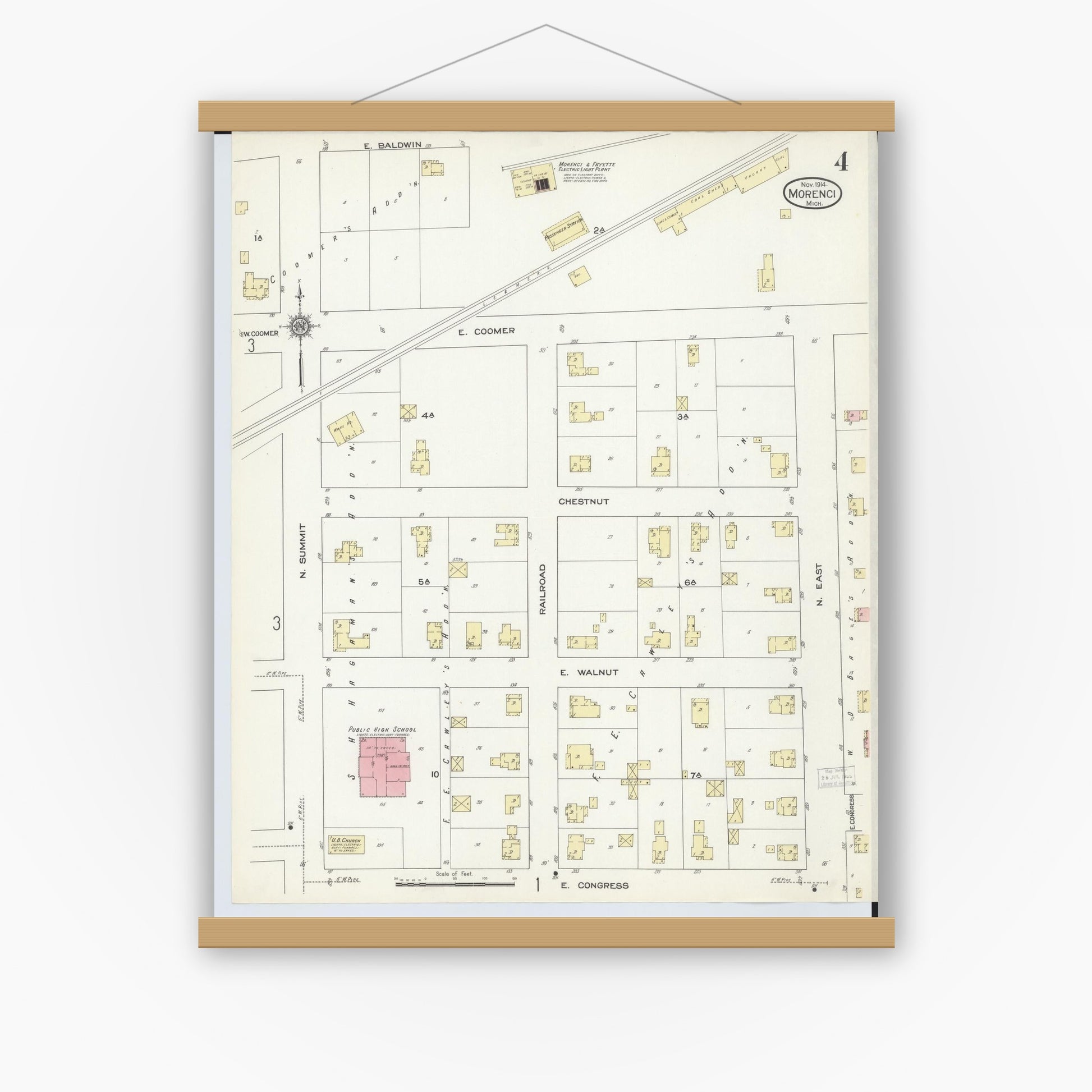 Old map wall art mockup — magnetic wood frame on white wall — Sanborn Fire Insurance Map from Morenci, Lenawee County, Michigan (1914), Sheet #0004
