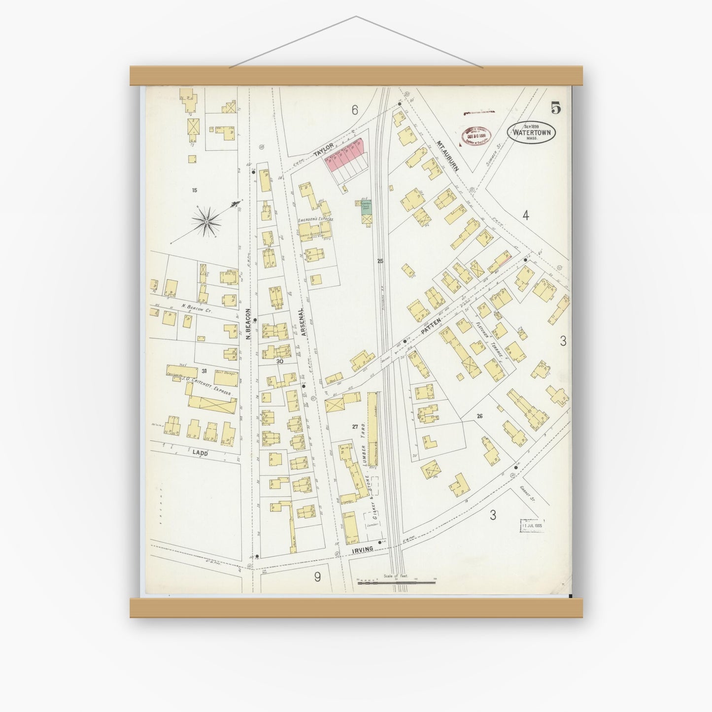 Old map wall art mockup — magnetic wood frame on white wall — Sanborn Fire Insurance Map from Watertown, Middlesex County, Massachusetts (1899), Sheet #0005
