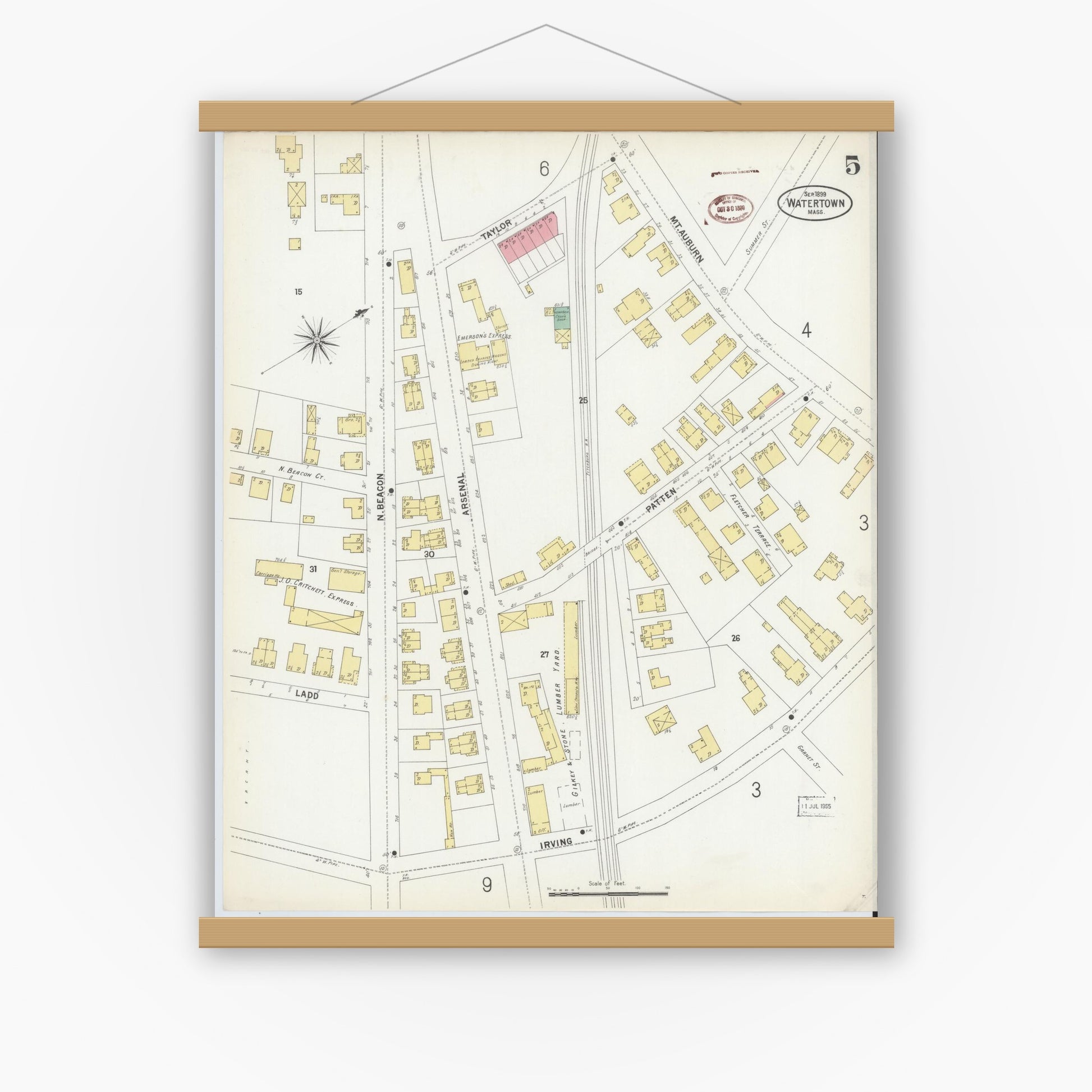 Old map wall art mockup — magnetic wood frame on white wall — Sanborn Fire Insurance Map from Watertown, Middlesex County, Massachusetts (1899), Sheet #0005