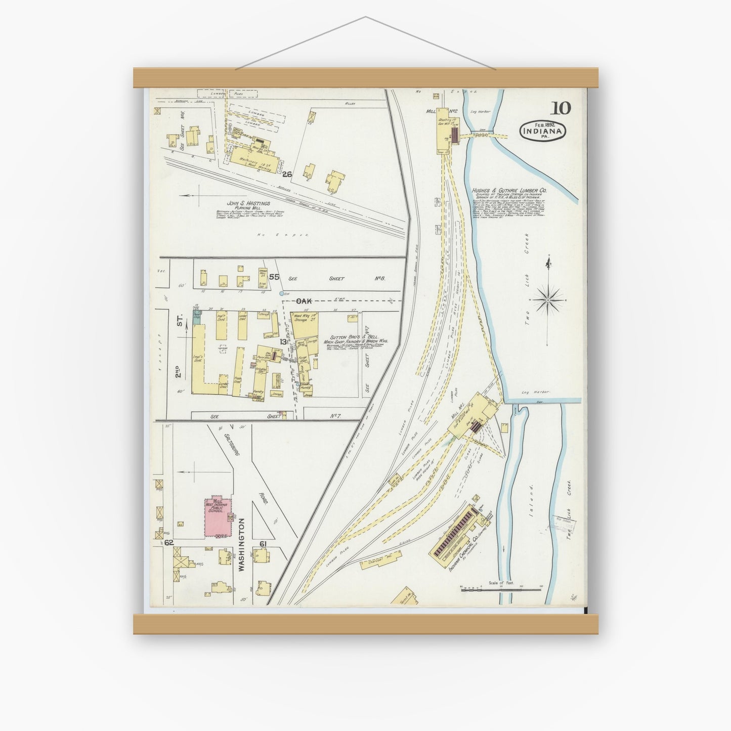 Old map wall art mockup — magnetic wood frame on white wall — Sanborn Fire Insurance Map from Indiana, Indiana County, Pennsylvania (1892), Sheet #0010