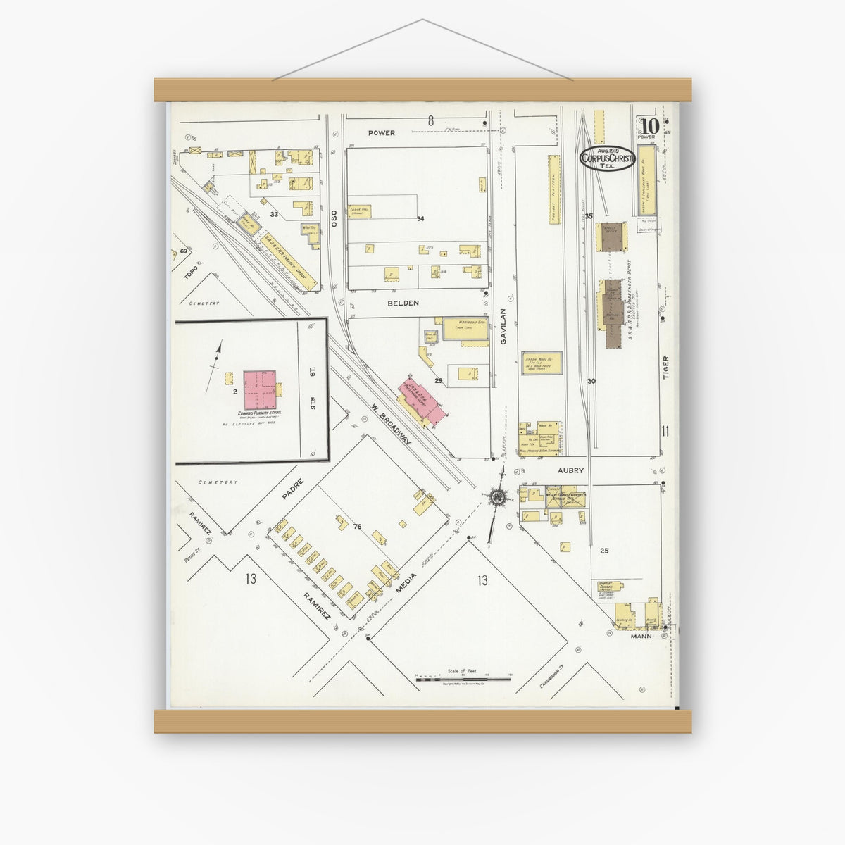 Old map wall art mockup — magnetic wood frame on white wall — Sanborn Fire Insurance Map from Corpus Christi, Nueces County, Texas (1919), Sheet #0010