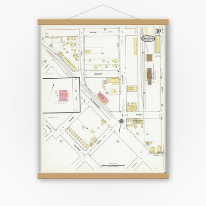 Old map wall art mockup — magnetic wood frame on white wall — Sanborn Fire Insurance Map from Corpus Christi, Nueces County, Texas (1919), Sheet #0010