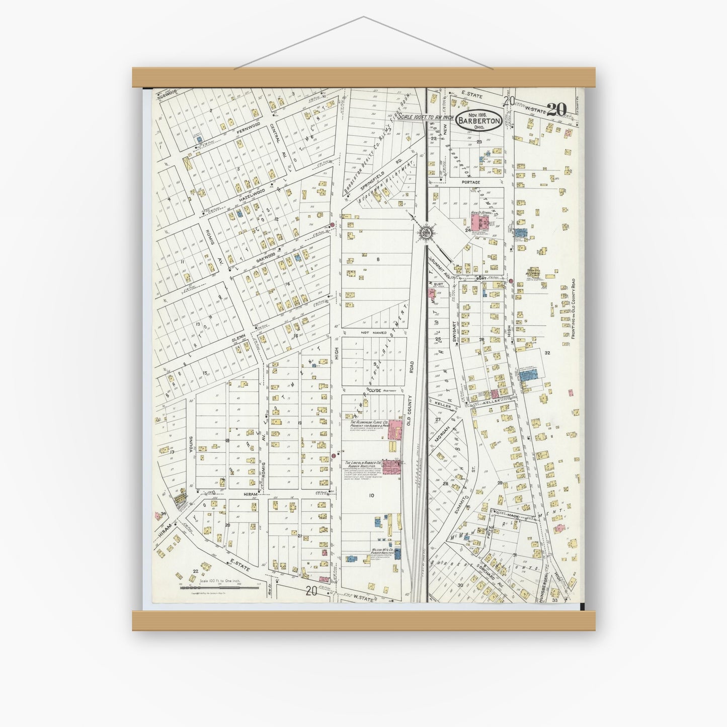 Old map wall art mockup — magnetic wood frame on white wall — Sanborn Fire Insurance Map from Barberton, Summit County, Ohio (1916), Sheet #0020