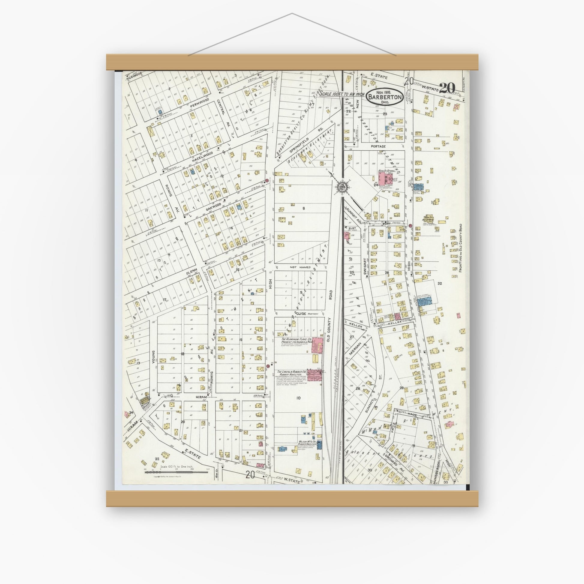 Old map wall art mockup — magnetic wood frame on white wall — Sanborn Fire Insurance Map from Barberton, Summit County, Ohio (1916), Sheet #0020