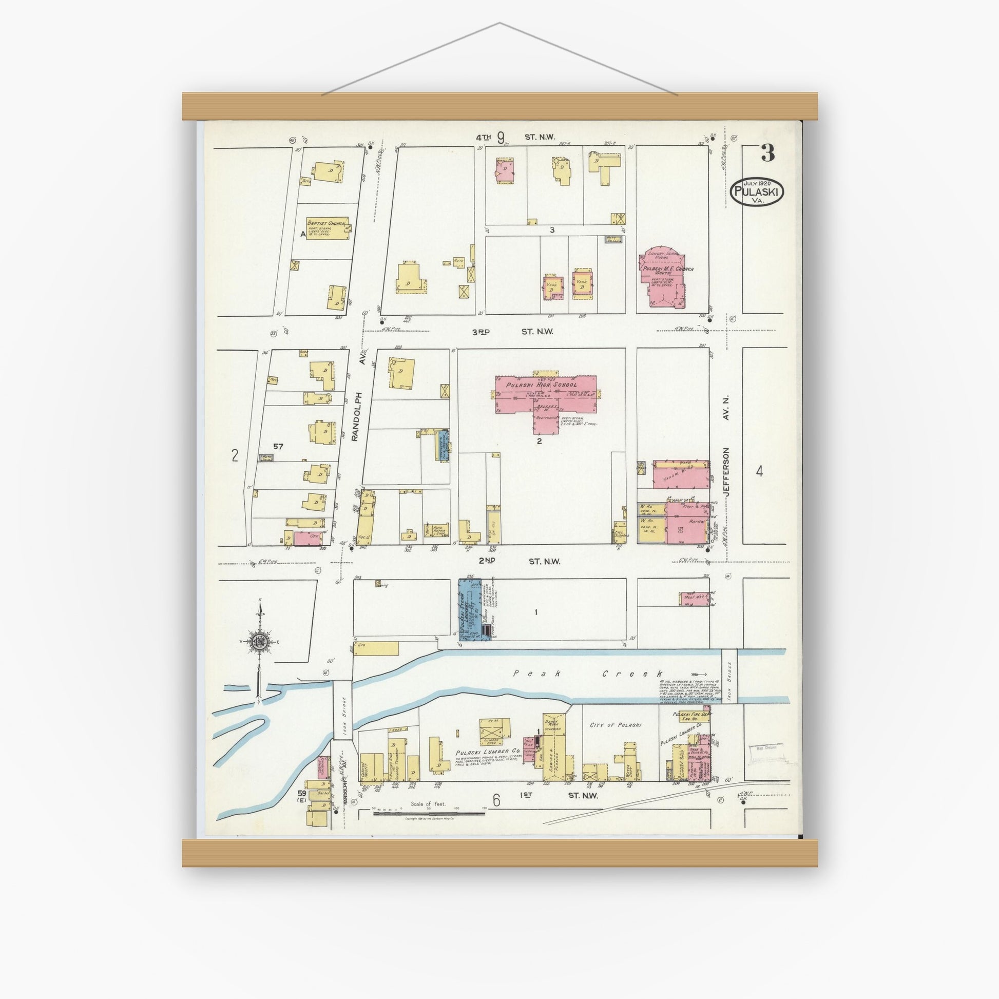 Old map wall art mockup — magnetic wood frame on white wall — Sanborn Fire Insurance Map from Pulaski, Pulaski County, Virginia (1920), Sheet #0003