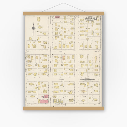 Old map wall art mockup — magnetic wood frame on white wall — Sanborn Fire Insurance Map from West Salem, La Crosse County, Wisconsin (1922), Sheet #0003
