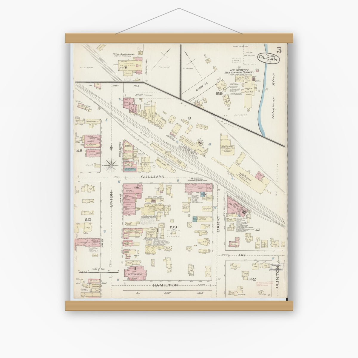 Old map wall art mockup — magnetic wood frame on white wall — Sanborn Fire Insurance Map from Olean, Cattaraugus County, New York (1886), Sheet #0005