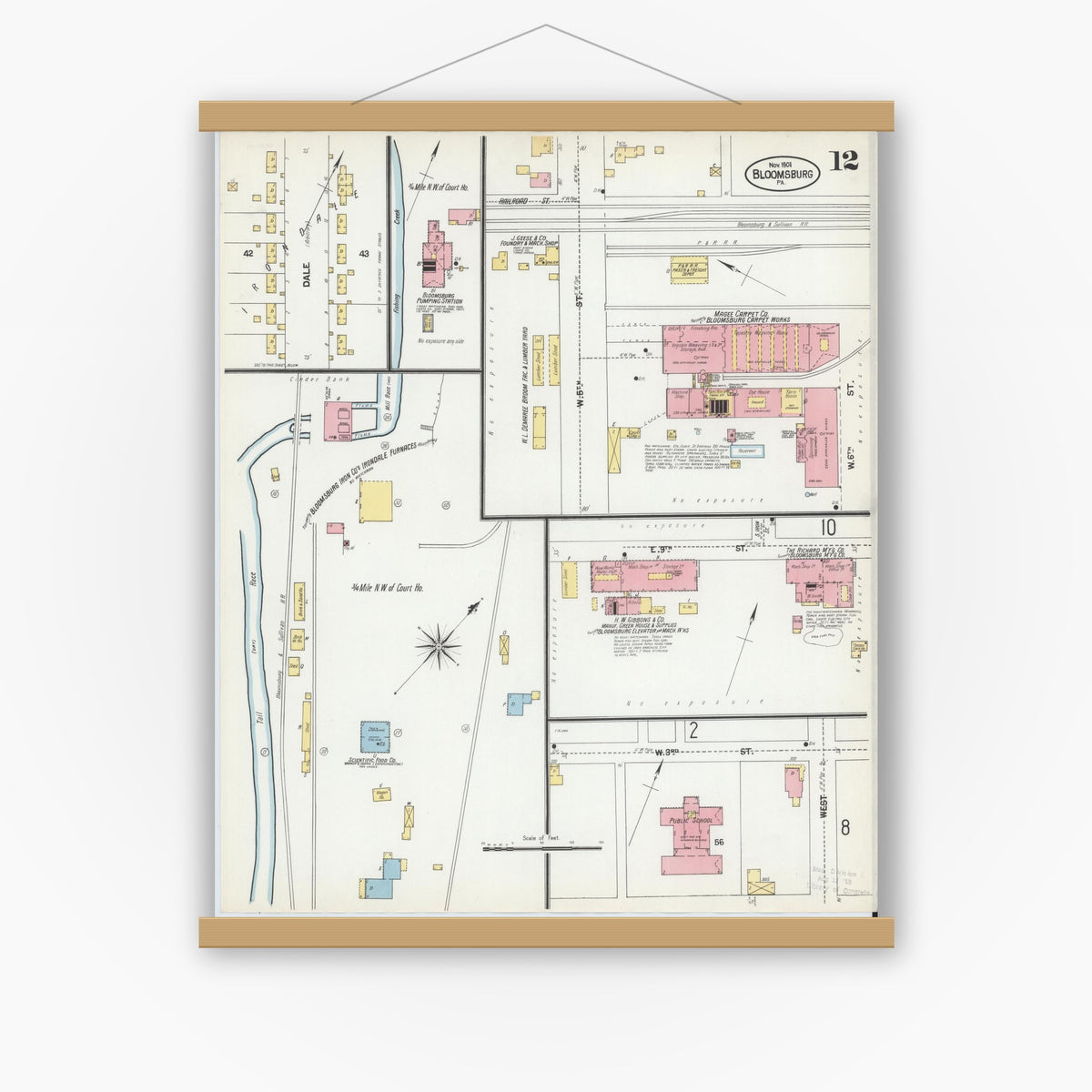 Old map wall art mockup — magnetic wood frame on white wall — Sanborn Fire Insurance Map from Bloomsburg, Columbia County, Pennsylvania (1901), Sheet #0012