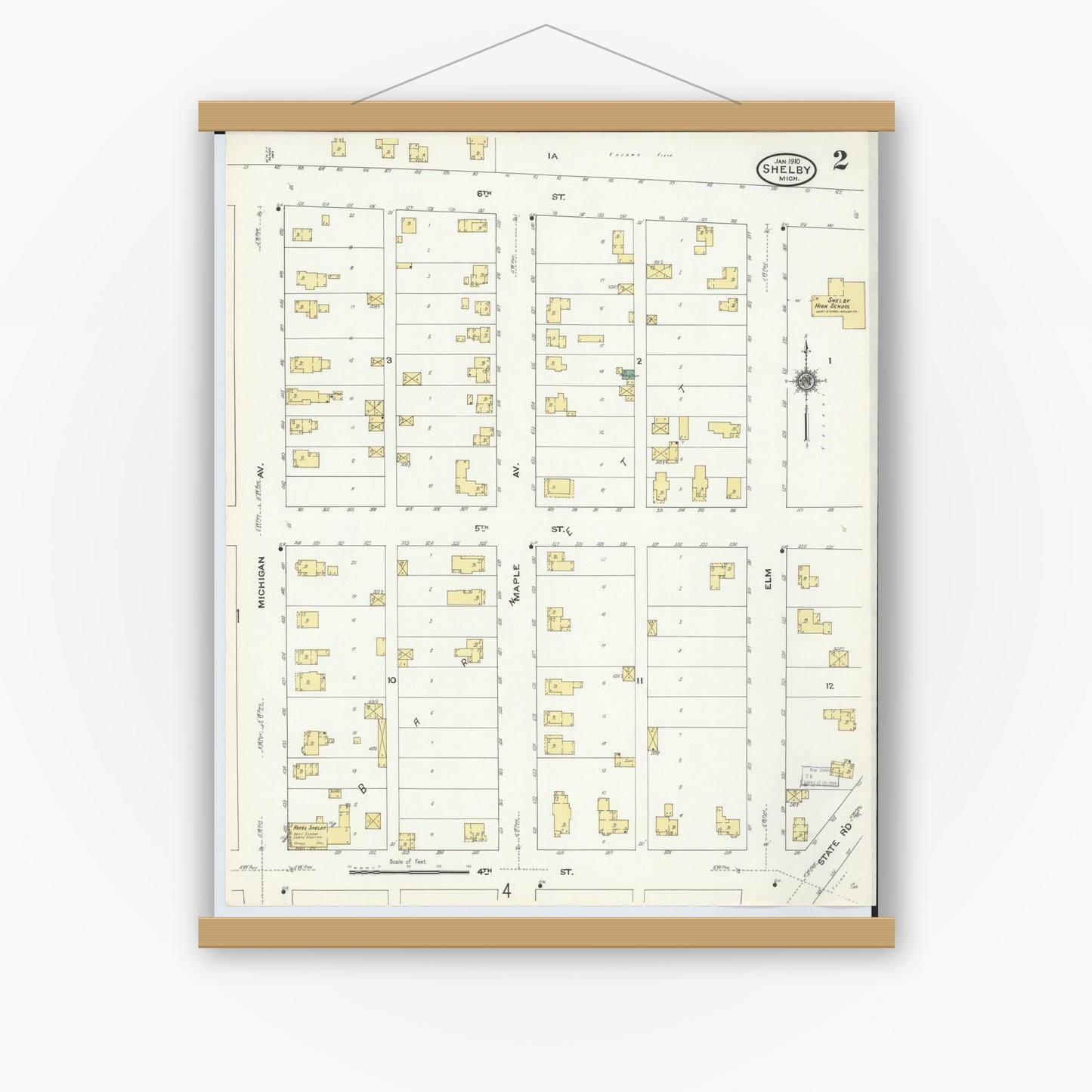 Old map wall art mockup — magnetic wood frame on white wall — Sanborn Fire Insurance Map from Shelby, Oceana County, Michigan (1910), Sheet #0002