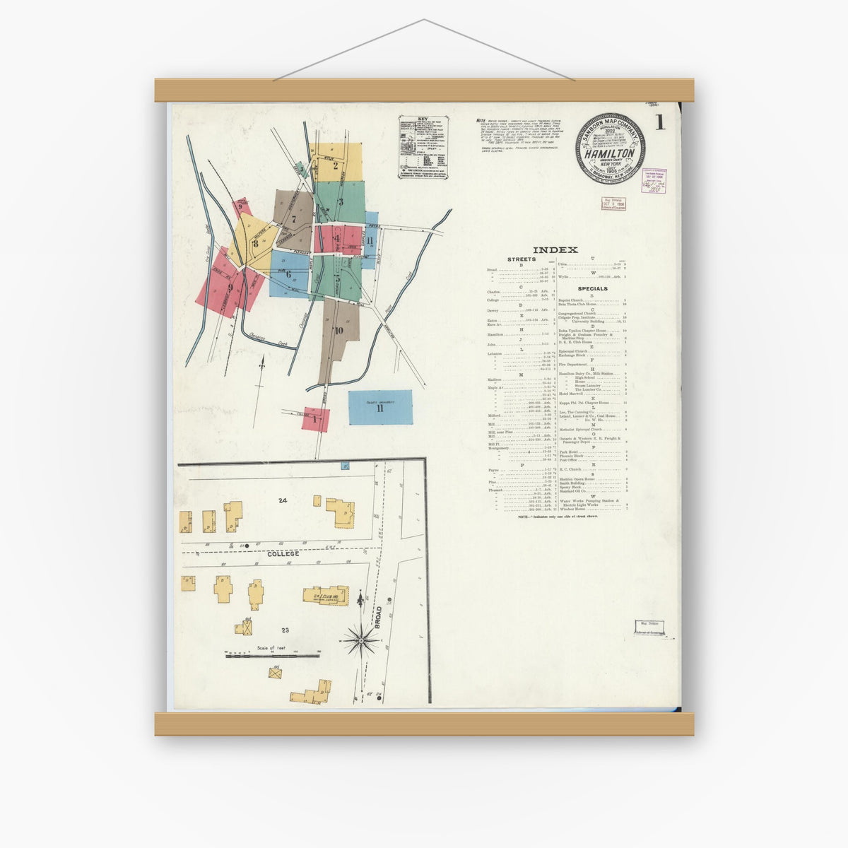 Old map wall art mockup — magnetic wood frame on white wall — Sanborn Fire Insurance Map from Hamilton, Madison County, New York (1906), Sheet #0001