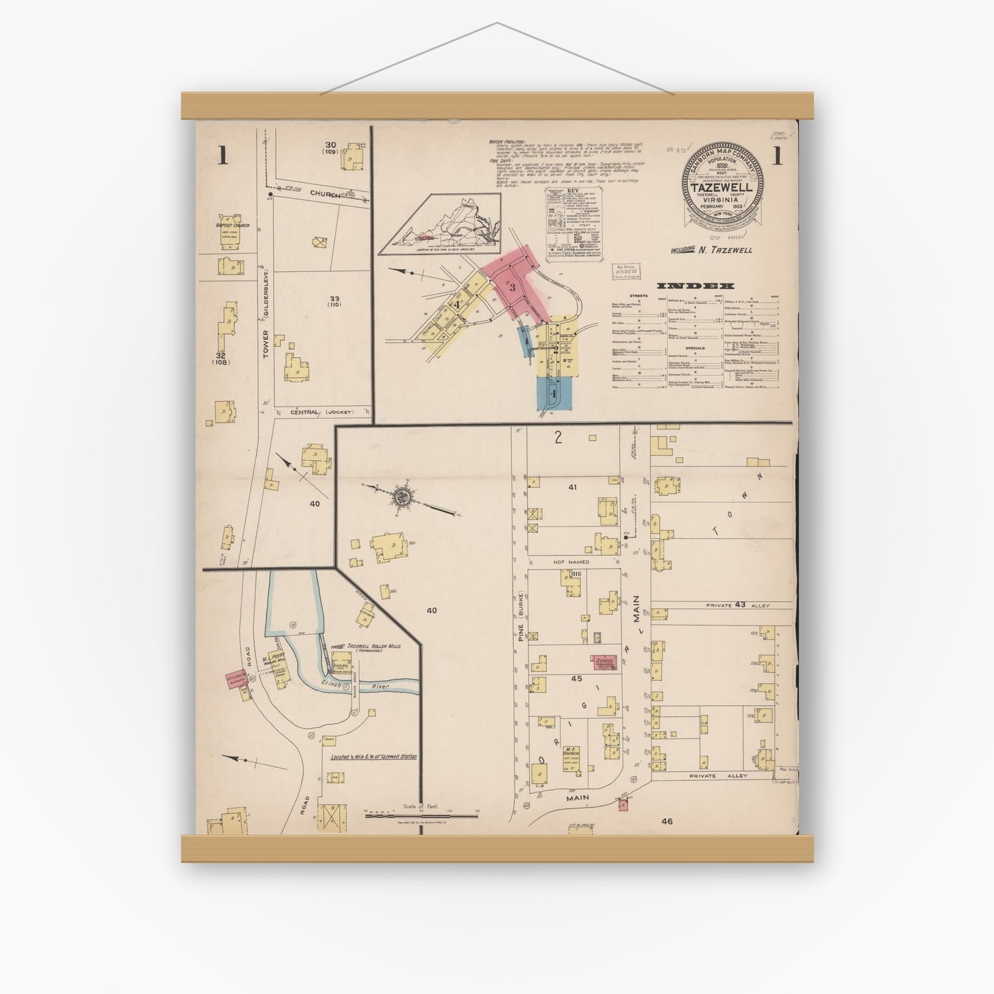Old map wall art mockup — magnetic wood frame on white wall — Sanborn Fire Insurance Map from Tazewell, Tazewell County, Virginia (1923), Sheet #0001