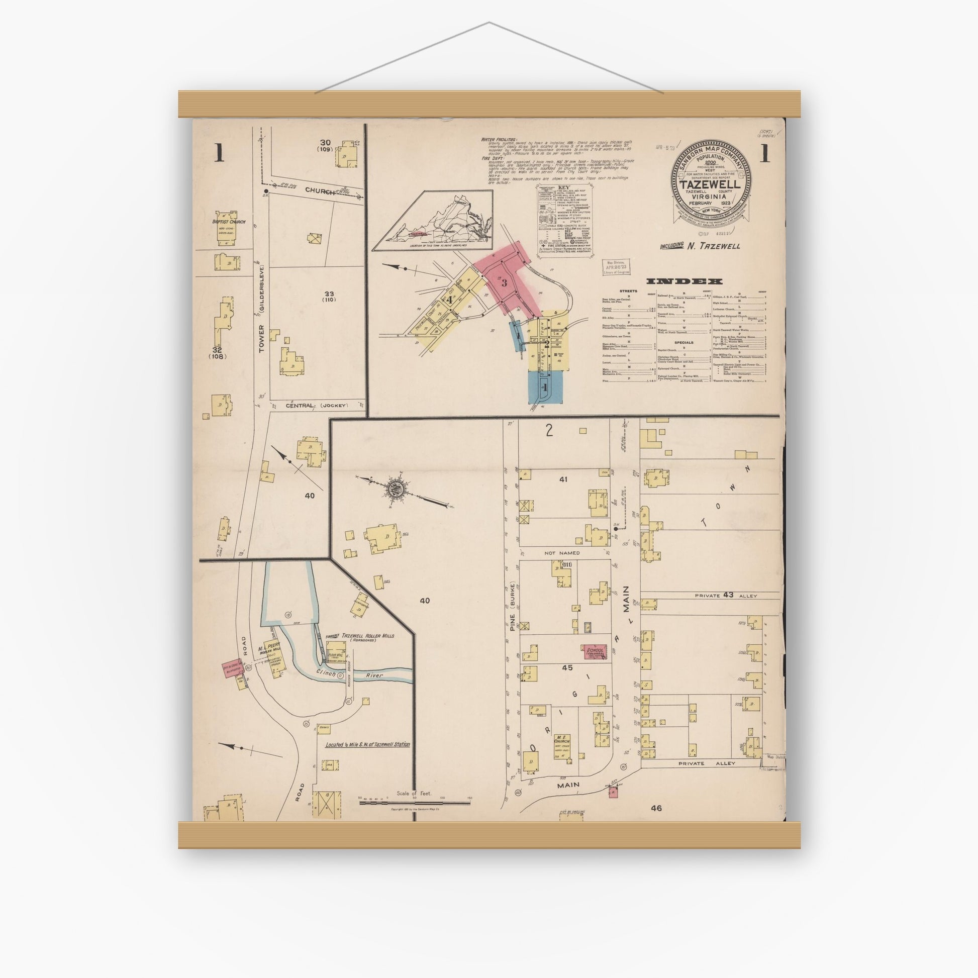 Old map wall art mockup — magnetic wood frame on white wall — Sanborn Fire Insurance Map from Tazewell, Tazewell County, Virginia (1923), Sheet #0001