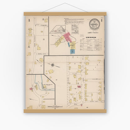 Old map wall art mockup — magnetic wood frame on white wall — Sanborn Fire Insurance Map from Tazewell, Tazewell County, Virginia (1923), Sheet #0001