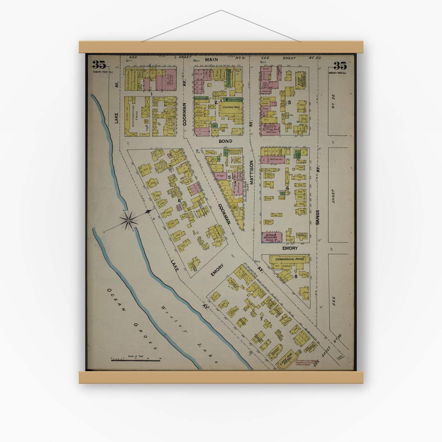 Old map wall art mockup — magnetic wood frame on white wall — Sanborn Fire Insurance Map from New Jersey Coast, New Jersey Coast, New Jersey (1890), Sheet #0035