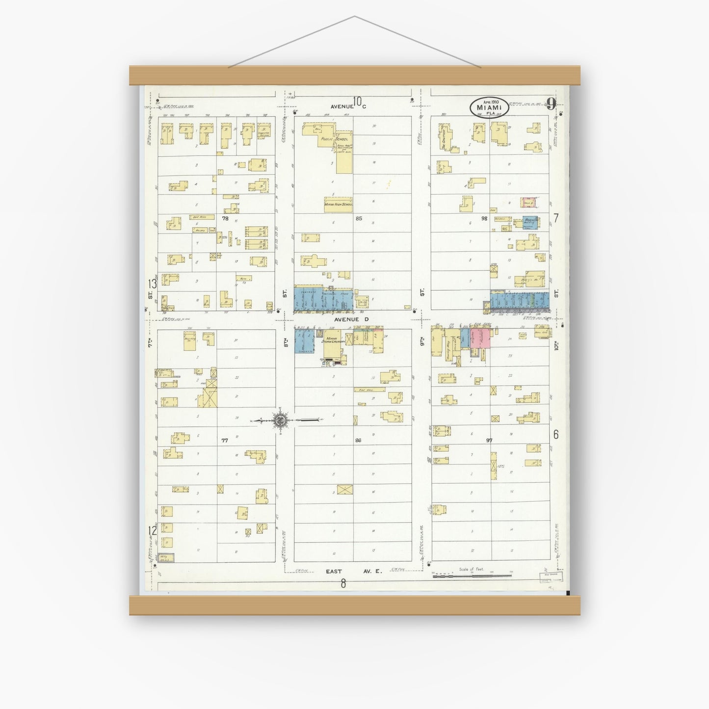 Old map wall art mockup — magnetic wood frame on white wall — Sanborn Fire Insurance Map from Miami, Dade County, Florida (1910), Sheet #0009