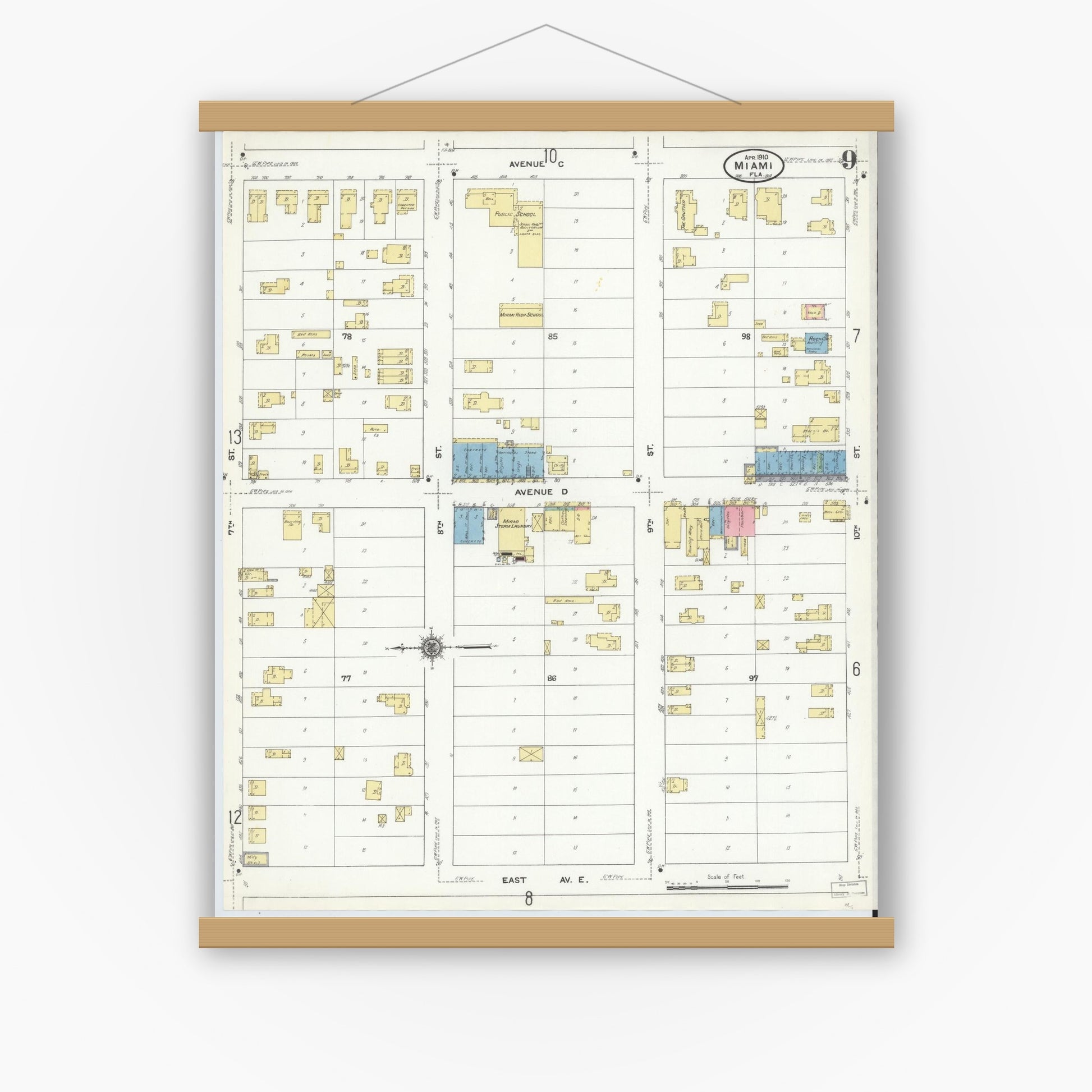 Old map wall art mockup — magnetic wood frame on white wall — Sanborn Fire Insurance Map from Miami, Dade County, Florida (1910), Sheet #0009