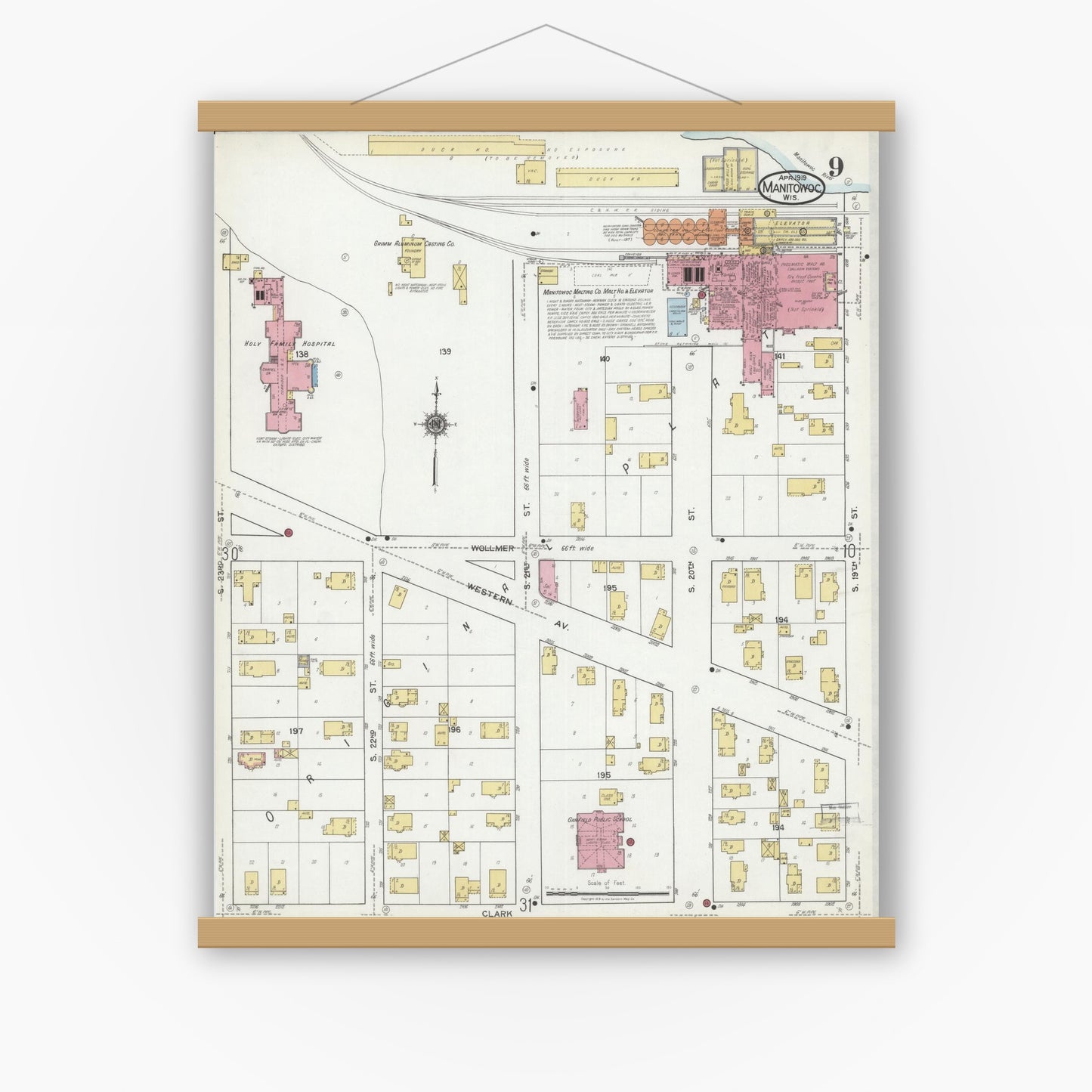 Old map wall art mockup — magnetic wood frame on white wall — Sanborn Fire Insurance Map from Manitowoc, Manitowoc County, Wisconsin (1919), Sheet #0009