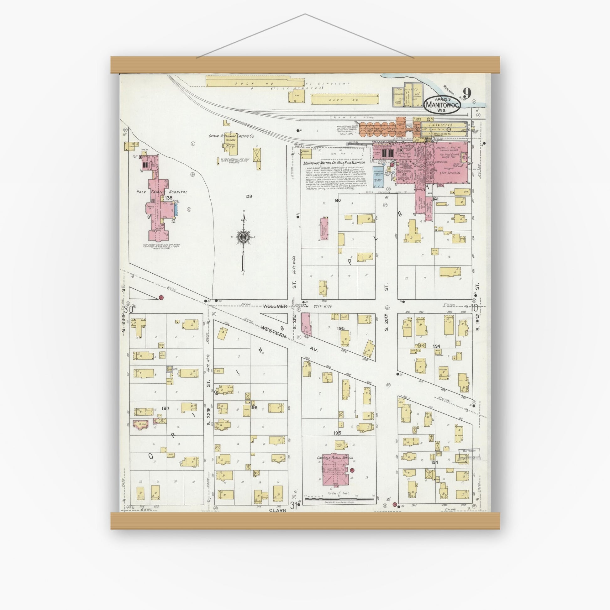 Old map wall art mockup — magnetic wood frame on white wall — Sanborn Fire Insurance Map from Manitowoc, Manitowoc County, Wisconsin (1919), Sheet #0009