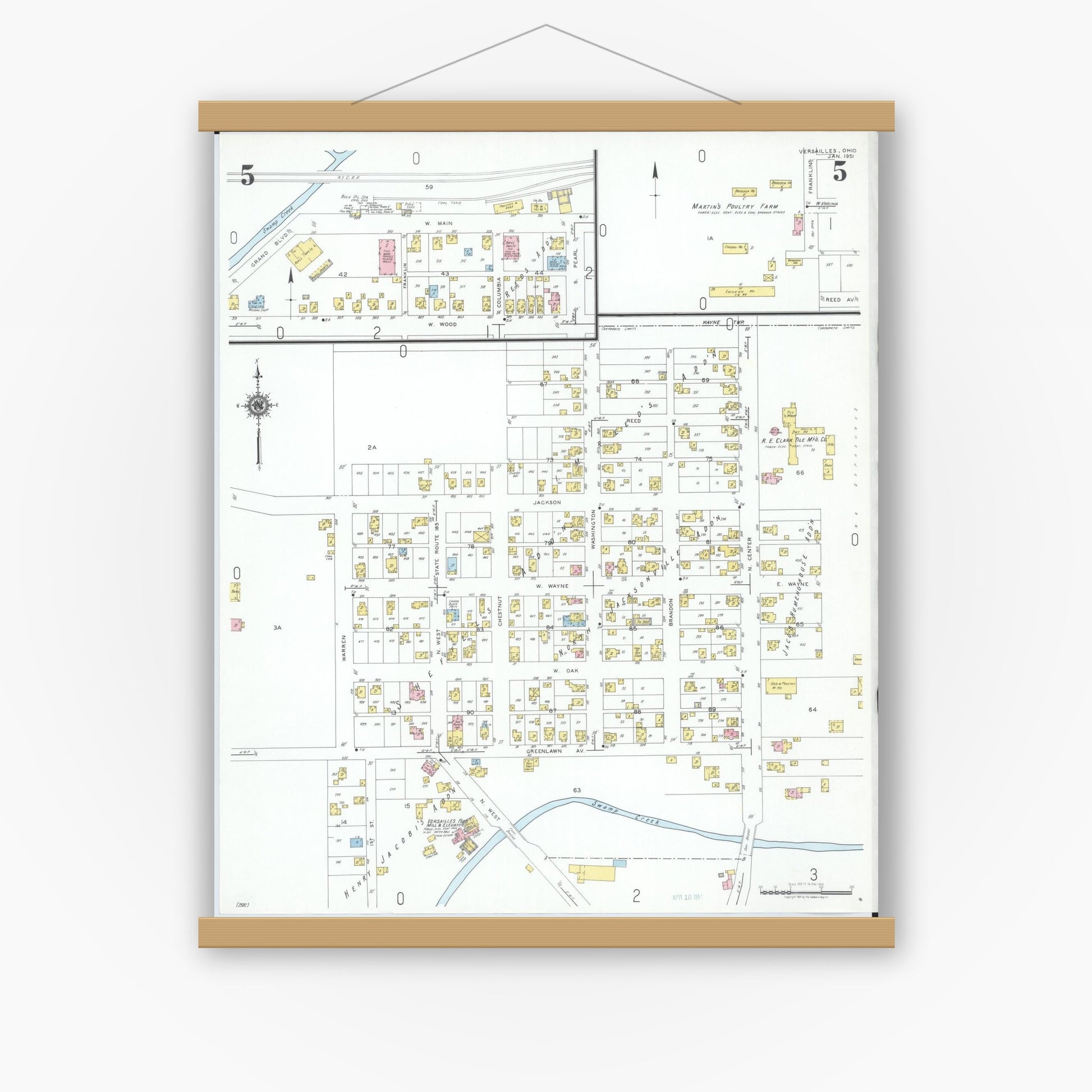 Old map wall art mockup — magnetic wood frame on white wall — Sanborn Fire Insurance Map from Versailles, Darke County, Ohio (1951), Sheet #0005