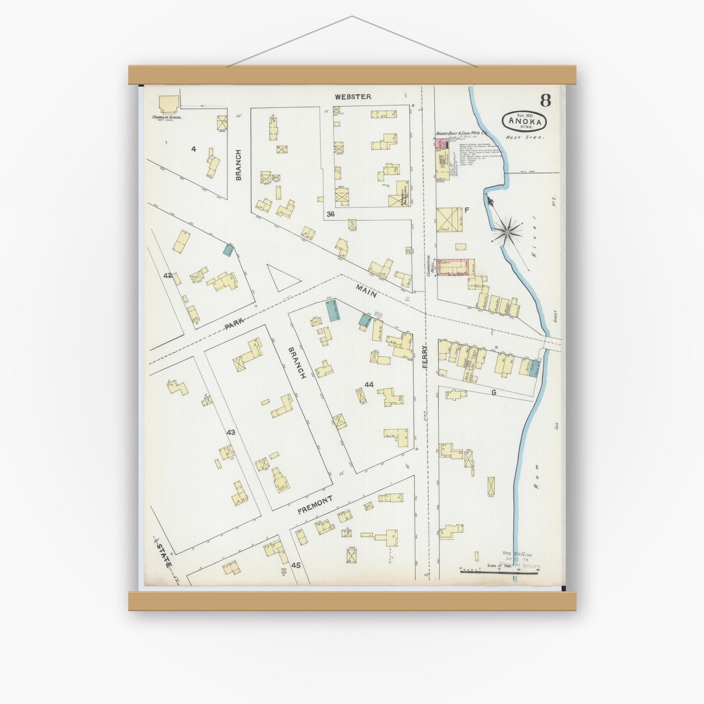 Old map wall art mockup — magnetic wood frame on white wall — Sanborn Fire Insurance Map from Anoka, Anoka County, Minnesota (1891), Sheet #0008